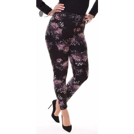 Fekete alapon lila virágmintás, polárbélelt leggings XL, 2XL, 3XL
