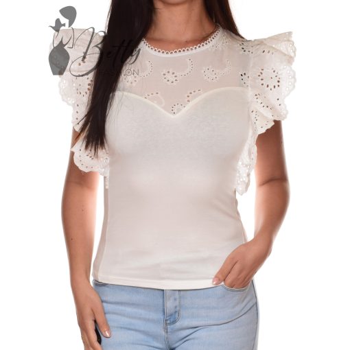 Mellnél madeirás és fodros ujjú felső S/M, L/XL