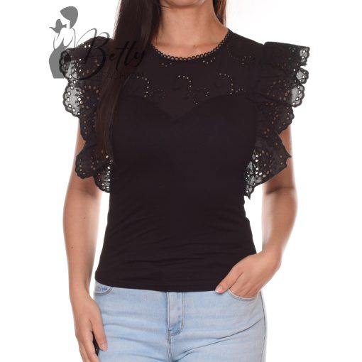 Mellnél madeirás és fodros ujjú felső S/M, L/XL