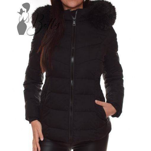 Fekete, szőrmegalléros télikabát S, M, L, XL, 2XL