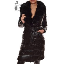 Fekete műbőr hatású, hosszú fazonú télikabát S, M, L, XL, 2XL