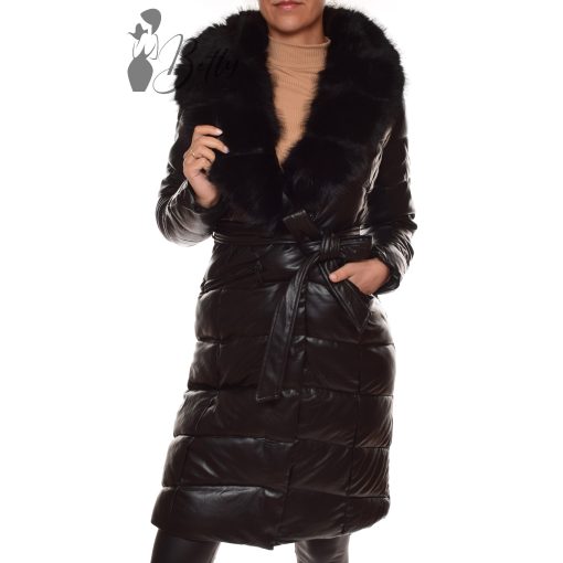 Fekete műbőr hatású, hosszú fazonú télikabát S, M, L, XL, 2XL