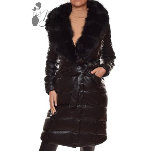 Fekete műbőr hatású, hosszú fazonú télikabát S, M, L, XL, 2XL