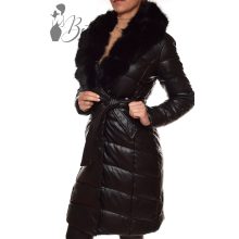 Fekete műbőr hatású, hosszú fazonú télikabát S, M, L, XL, 2XL