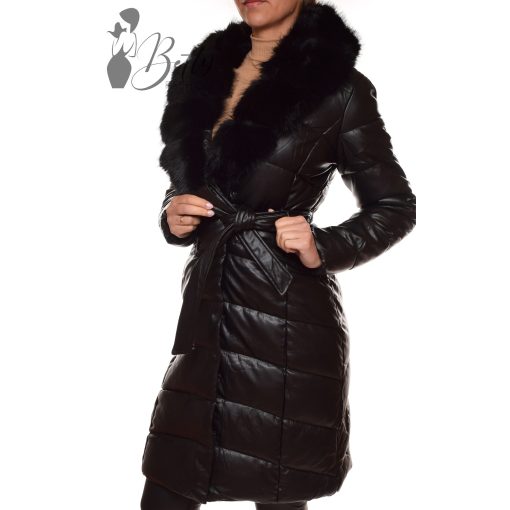 Fekete műbőr hatású, hosszú fazonú télikabát S, M, L, XL, 2XL