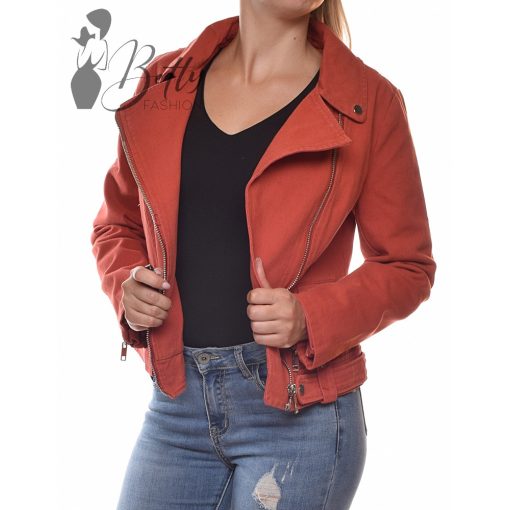 Téglavörös színű, ferde cipzáros farmerkabát S, M, L, XL