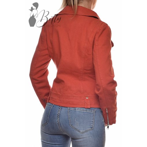 Téglavörös színű, ferde cipzáros farmerkabát S, M, L, XL