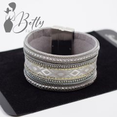 Szőtt mintás, lánc és strasszdíszes műbőr karkötő