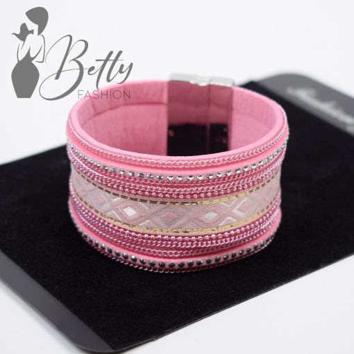 Szőtt mintás, lánc és strasszdíszes műbőr karkötő