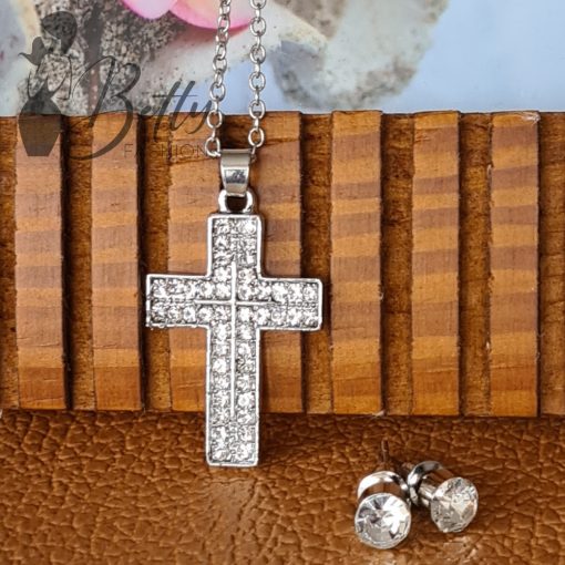 Cirkónia köves kereszt medálos nyaklánc + fülbevaló szett