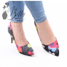 Fekete alapon, színes virágmintás magassarkú