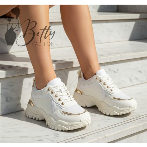 Fehér színű, magasított sarkú sportcipő