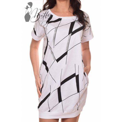 Fehér-fekete mintás, zsebes, laza fazonú ruha S/M, L/XL