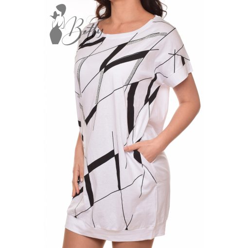 Fehér-fekete mintás, zsebes, laza fazonú ruha S/M, L/XL