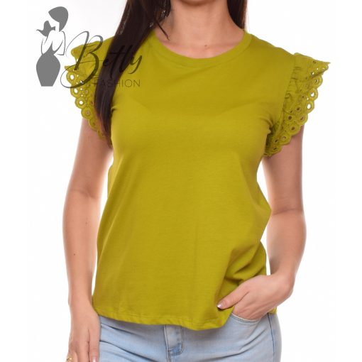 Olajzöld színű, madeirás és fodros ujjú felső S, M, L, XL 