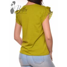 Olajzöld színű, madeirás és fodros ujjú felső S, M, L, XL 