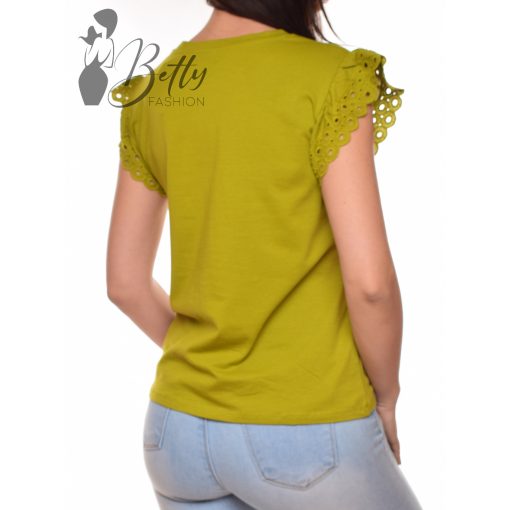 Olajzöld színű, madeirás és fodros ujjú felső S, M, L, XL 