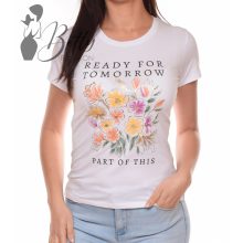 Feliratos és virágmintás, rövid ujjú pamut felső S, M, L, XL