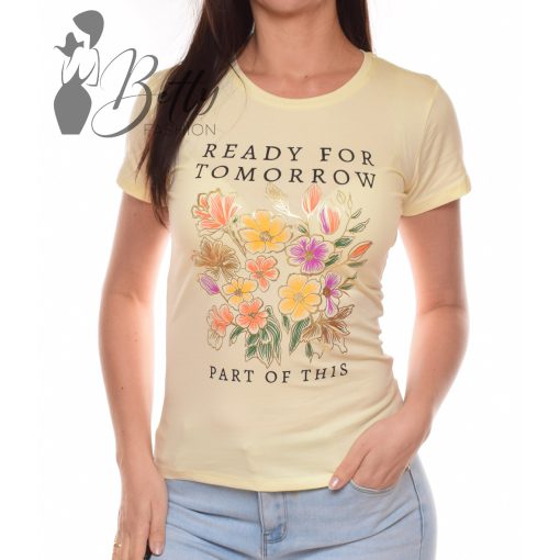 Feliratos és virágmintás, rövid ujjú pamut felső S, M, L, XL