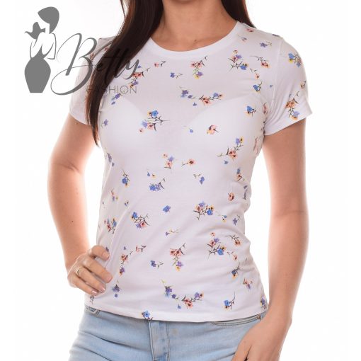 Kék virágmintás, rövid ujjú pamut felső S, M, L, XL