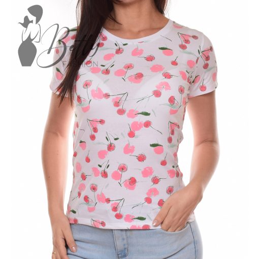Cseresznye mintás, rövid ujjú pamut felső S, M, L, XL
