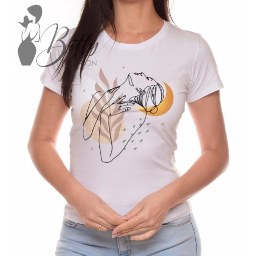 Női arc és hold mintás, rövid ujjú pamut felső S, M, L, XL