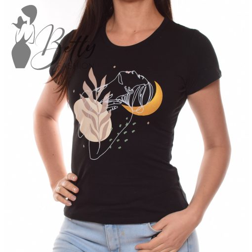 Női arc és hold mintás, rövid ujjú pamut felső S, M, L, XL