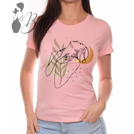 Női arc és hold mintás, rövid ujjú pamut felső S, M, L, XL