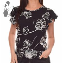 Fekete alapon fehér mintás, fodros ujjú felső S, M, L, XL
