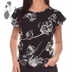   Fekete alapon fehér mintás, fodros ujjú felső S, M, L, XL