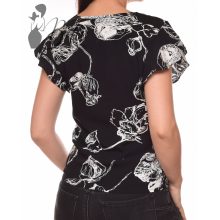 Fekete alapon fehér mintás, fodros ujjú felső S, M, L, XL
