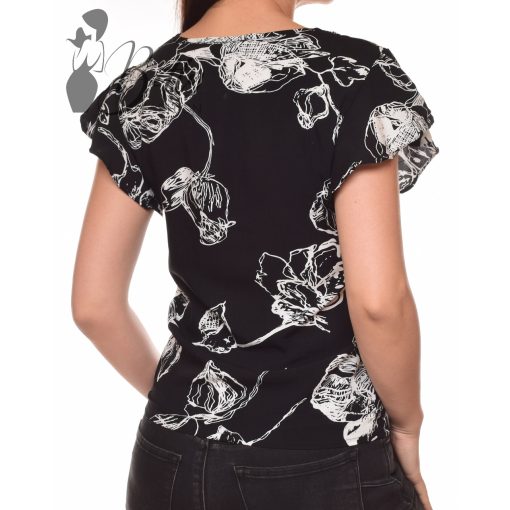 Fekete alapon fehér mintás, fodros ujjú felső S, M, L, XL