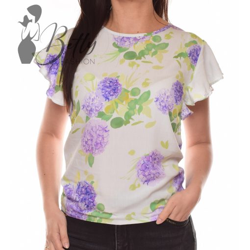 Fehér alapon orgona mintás, fodros ujjú felső S, M, L, XL