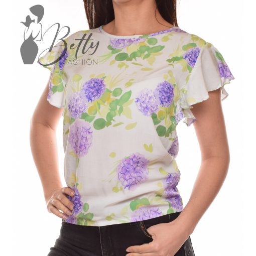 Fehér alapon orgona mintás, fodros ujjú felső S, M, L, XL