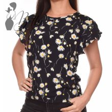 Fekete alapon margaréta mintás, fodros ujjú felső S, M, L, XL