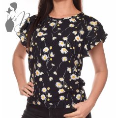   Fekete alapon margaréta mintás, fodros ujjú felső S, M, L, XL