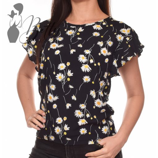 Fekete alapon margaréta mintás, fodros ujjú felső S, M, L, XL