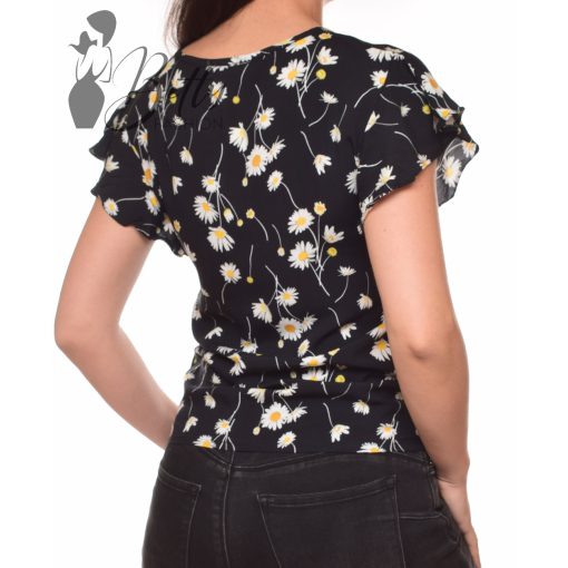 Fekete alapon margaréta mintás, fodros ujjú felső S, M, L, XL