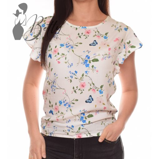 Fehér alapon apró virágmintás, fodros ujjú felső S, M, L, XL