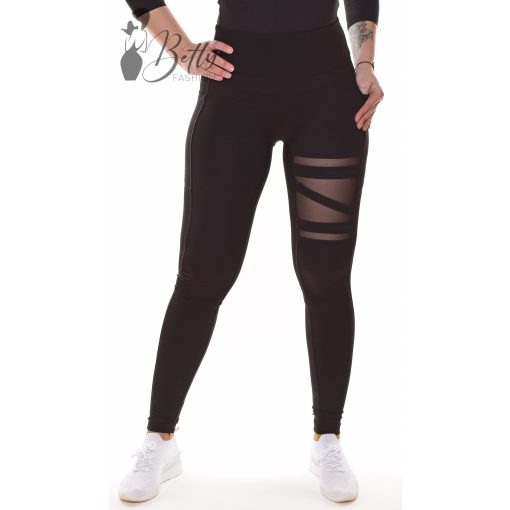 Bal szárán tüllbetétes, fekete sport legging S/M, L/XL, XL/2XL