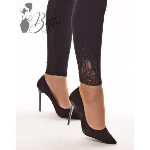 Szára végén csipkés és strasszköves fekete legging S/M, L/XL