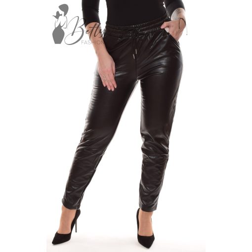 Megkötős derekú, fekete műbőr nadrág XS-XL