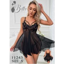 Fekete színű, kétrészes, csipkés és tüllös erotikus szett - S, M, L 