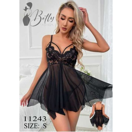 Fekete színű, kétrészes, csipkés és tüllös erotikus szett - S, M, L 