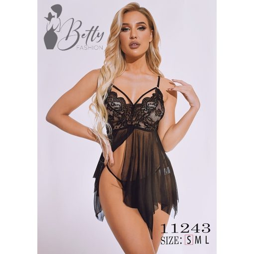 Fekete színű, kétrészes, csipkés és tüllös erotikus szett - S, M, L 