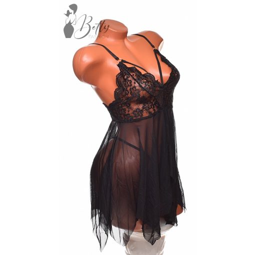 Fekete színű, kétrészes, csipkés és tüllös erotikus szett - S, M, L 