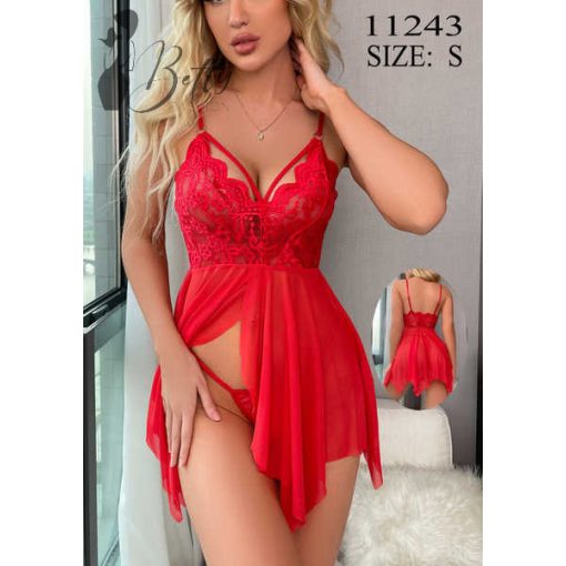 Piros színű, kétrészes, csipkés és tüllös erotikus szett - S, M, L 
