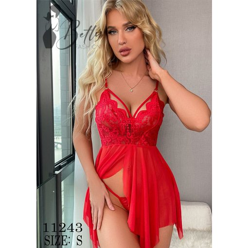 Piros színű, kétrészes, csipkés és tüllös erotikus szett - S, M, L 