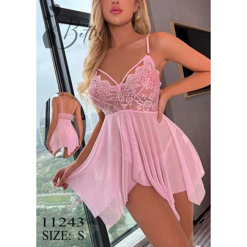 Rózsaszínű, kétrészes, csipkés és tüllös erotikus szett - S, M, L 