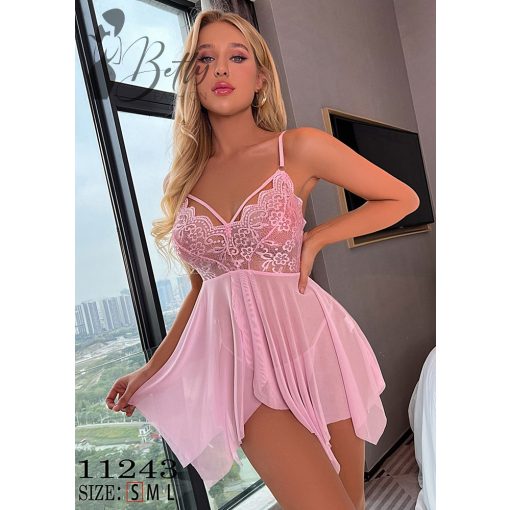 Rózsaszínű, kétrészes, csipkés és tüllös erotikus szett - S, M, L 